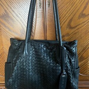 B. Makowsky Black Leather Woven Shoulder Bag